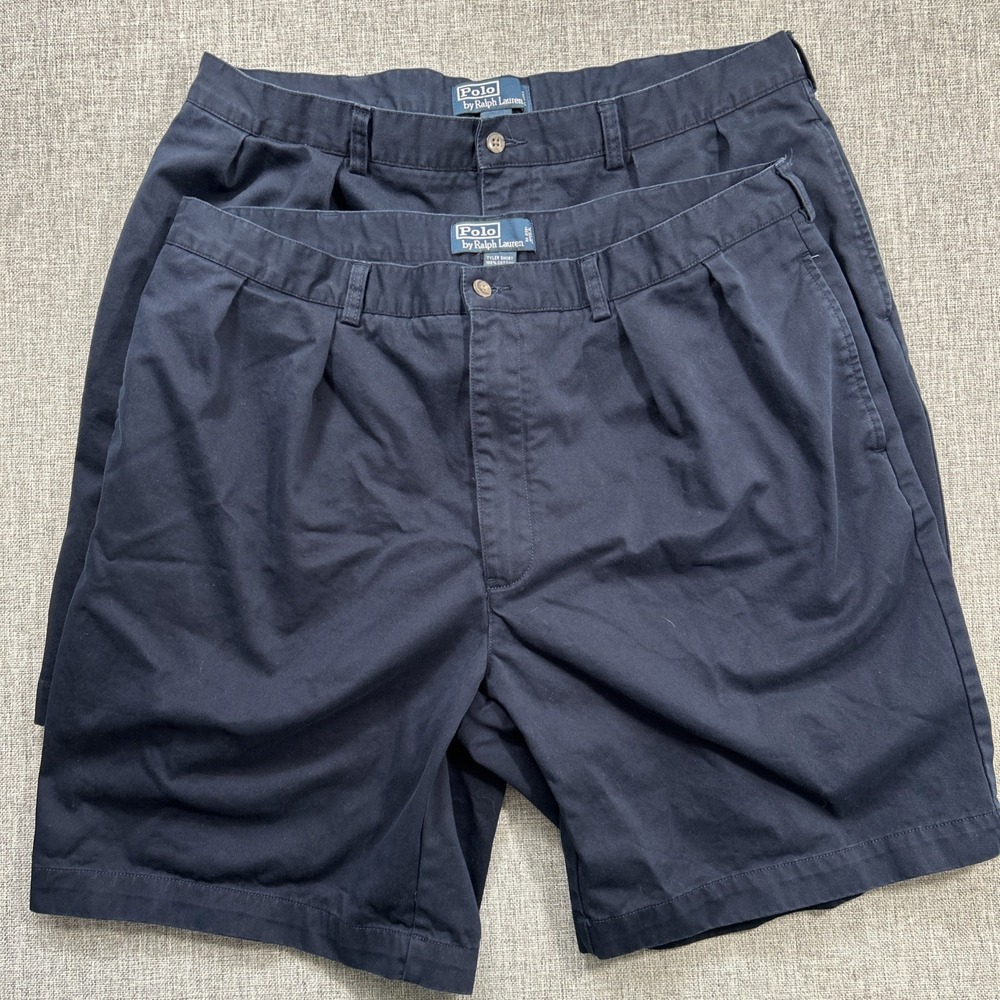 Lot Of 2 Polo Ralph Lauren Tyler Shorts Mens 40 Navy Blue Pleated Front Cotton